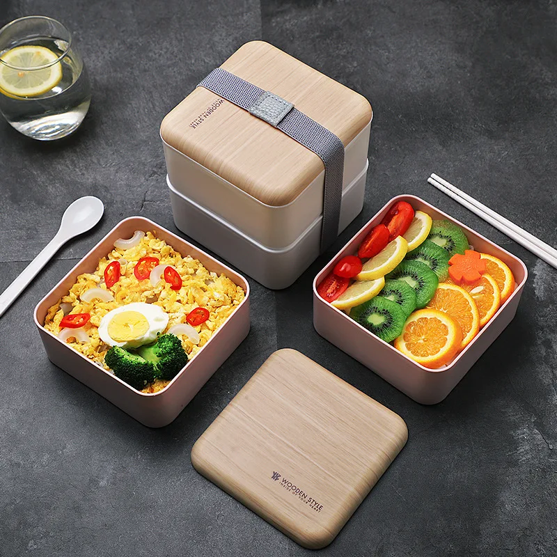 

ouble Layer Japanese Style Portable Lunch Box Square Bento Food Storage Boxes Plastic Containers with Lid Kitchen Tableware