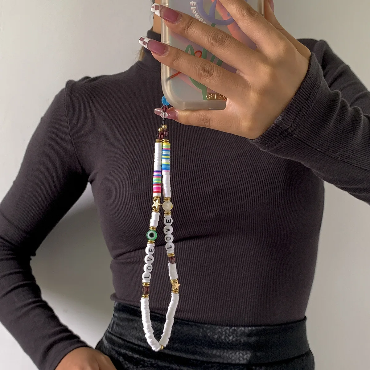 

Creative Personality Asymmetrical LOVE Letter White Soft Pottery Eyes Five-Pointed Star Women Mobile Phone Lanyard Chain Jewelry