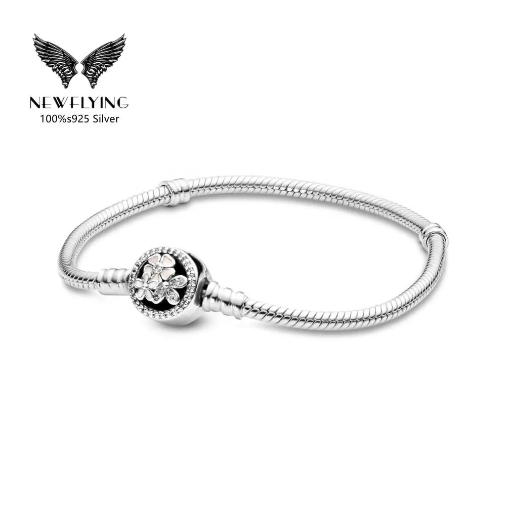 

925 Sterling Silver Moments Flower Clasp Snake Chain Bracelet Fit Pand DIY Charm Enamel Cubic Zirconia for Women