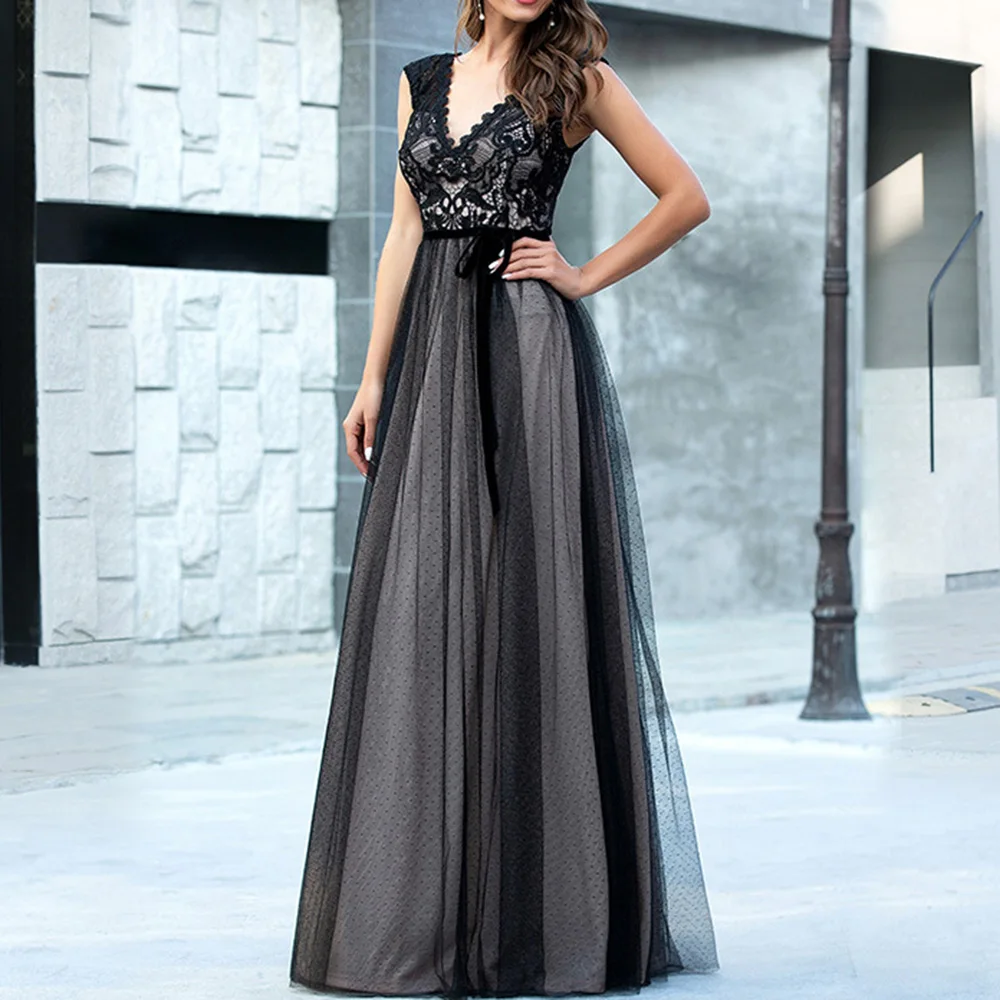 Вечерние платья черные кружевные вечерние с длинными рукавами и поясом
