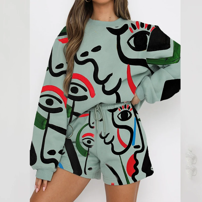 

Tracksuit Sports 2 Pieces Set Women Autumn Loose Funny Print Pullover Long Sleeve Tops High Waist Short Pants Streetwear Outfits