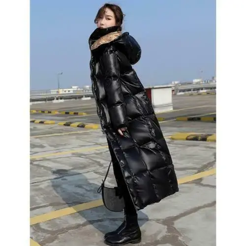 Женское свободное пуховое пальто блестящее повседневное зимнее теплое выше