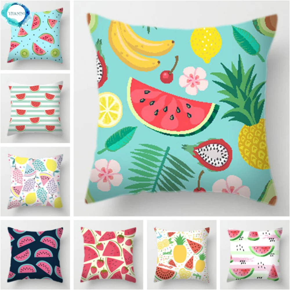 

Tropical Fruits Polyester Cushion Cover Watermelon Pineapple Blue Pink Decorative Couch Throw Pillow Case for Room Sofa 45X45CM