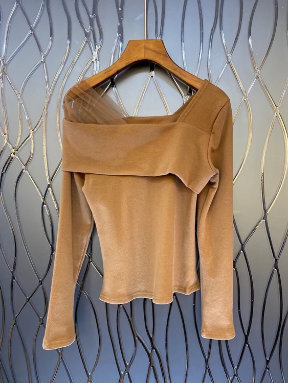 

Fall / winter 2020 new women's irregular neckline patchwork mesh Ruffle decoration long sleeve versatile shirt 1205