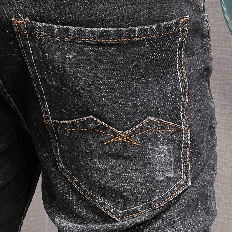 European American Street Fashion Men Jeans Retro Black Gray Slim Fit Ripped Jeans Men Distressed Vintage Designer Denim Pants