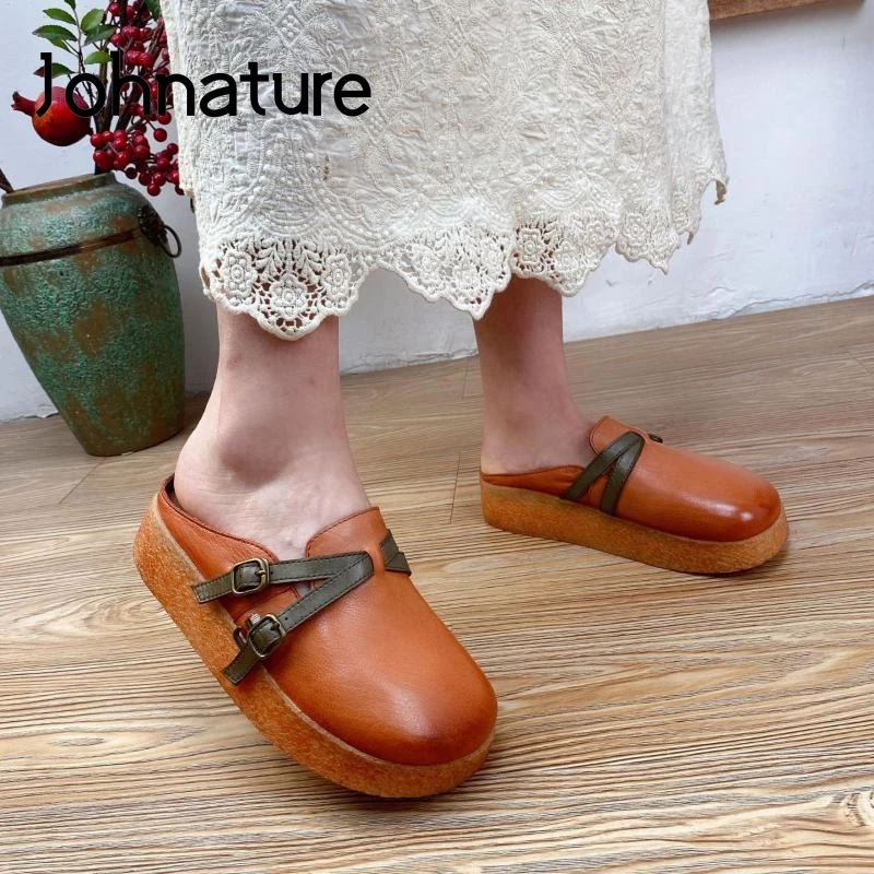 

Johnature Women Slippers Summer Shoes Genuine Leather 2022 New Outside Slides Leisure Handmade Wedges Concise Ladies Slippers