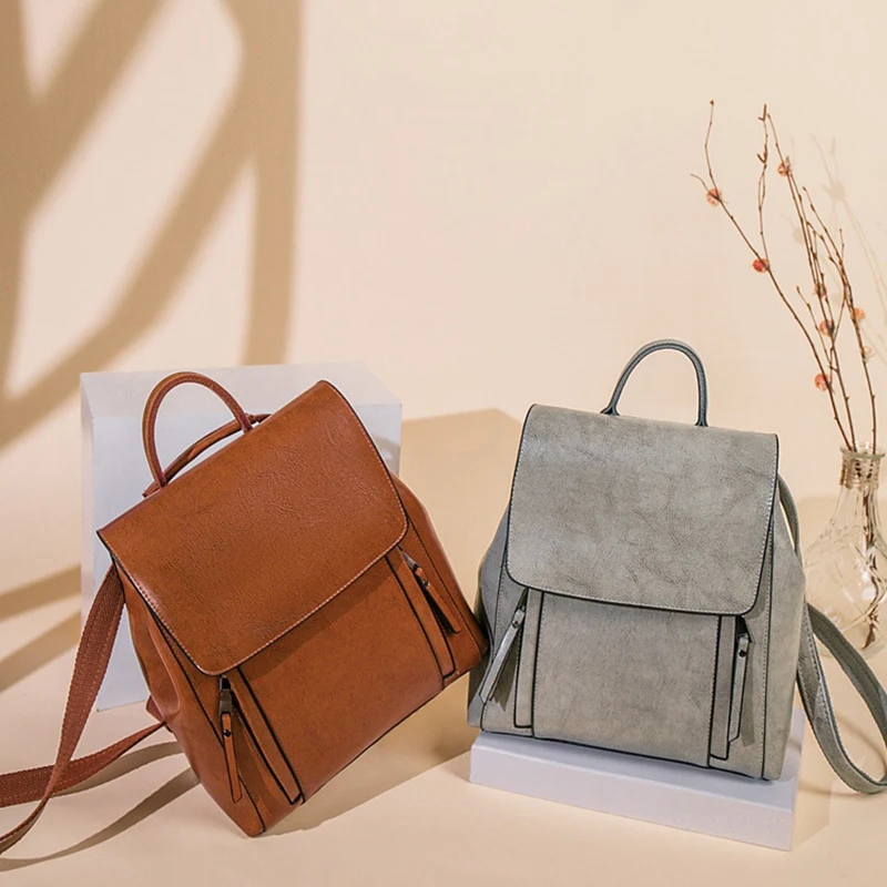 

Retro Women's Backpack Schoolbag Oil Wax Leather Backpack Female Fashion Large Capacity Shoulder Bag