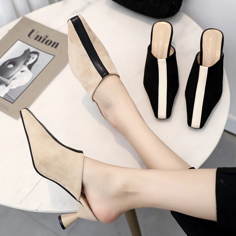 Лето 2019 модные уличные тапочки Baotou на тонком высоком каблуке женские туфли