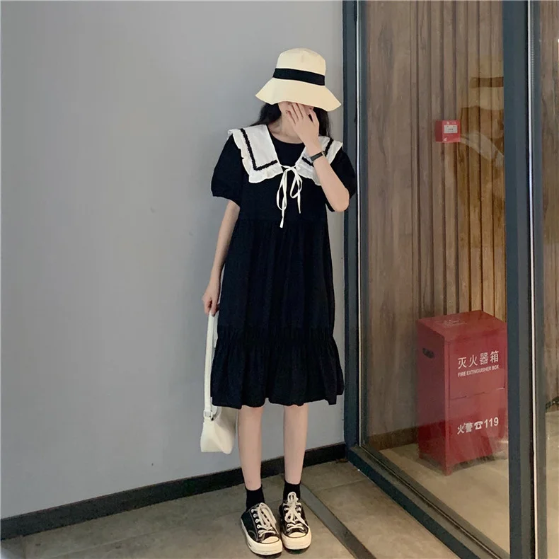 

Dresses Amy's Design Korean Style Sweet Skirt Autumn 2021 New Sailor Collar Versatile Square Collar Puff Sleeve Dress Kawaii