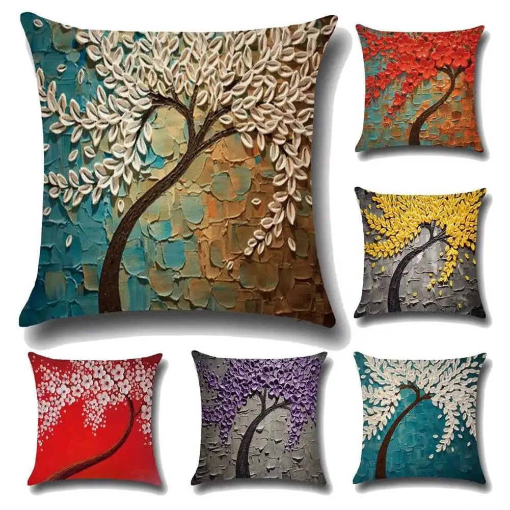 

45x45cm Sofa Throw Pillow Protectors Cases, Peach Skin Velvet Oil Painting Tree Flower Sofa Pillow Cushion Cover Pillow Case