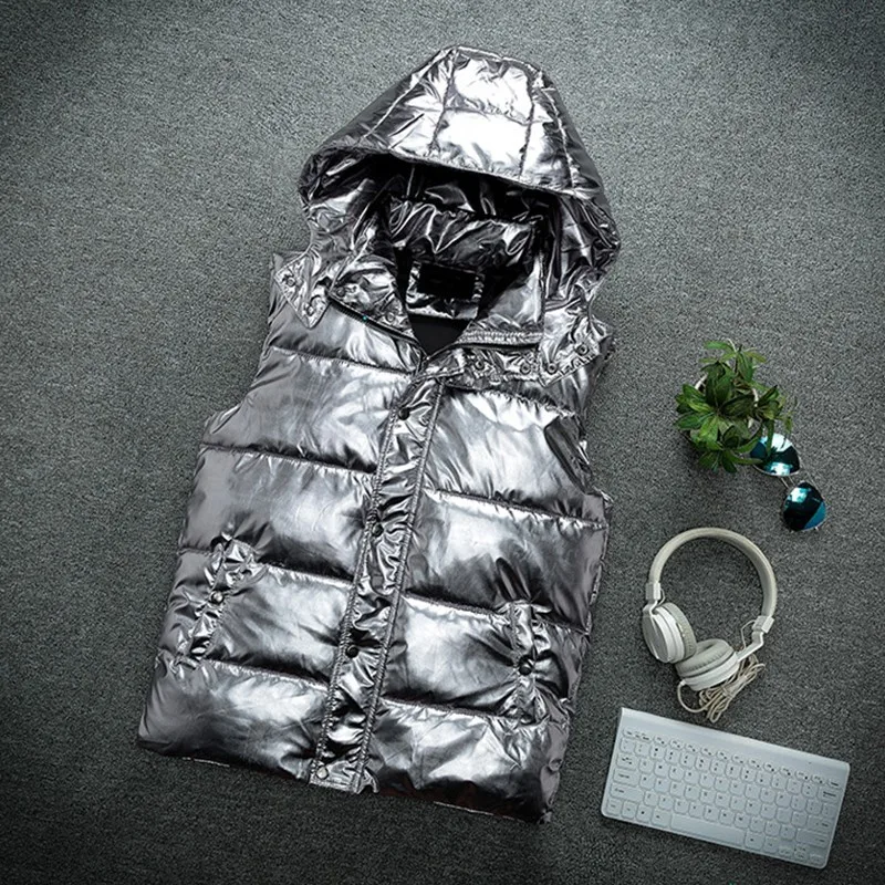 

Harajuku Glossy Winter Mens Cotton Liner Loose Hooded Coats Long Sleeve Hat Detachable Zipper Male Warm Short Coats Plus Size