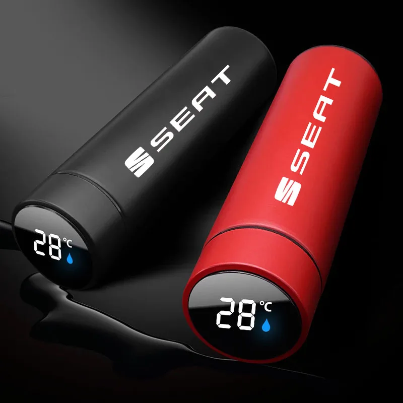 

For SEAT FR TOLEDO Mk3 Mk2 500ML Thermos cup Car smart stainless steel vacuum flask with digital display Car logo Accessories