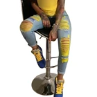 Женские узкие джинсы в Корейском стиле, модные рваные синие джинсовые брюки контрастных цветов с высокой талией и эластичными штанинами, 2021