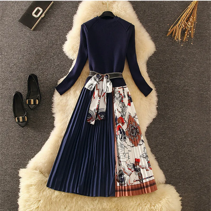 Зима 2019 женское элегантное плиссированное платье синее длинный рукав облегающее