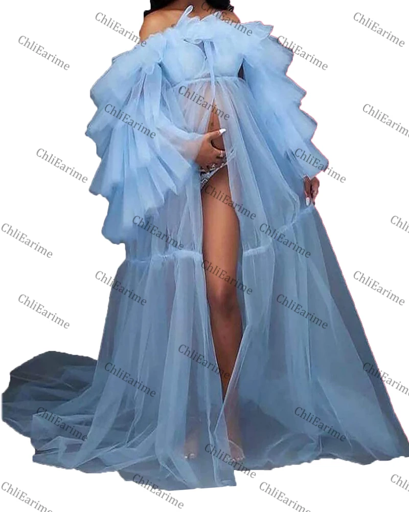 Women's Maternity Robes for Photoshoot Fluffy Tulle Off the Shoulder Sheer Pregnant Dress Gowns
