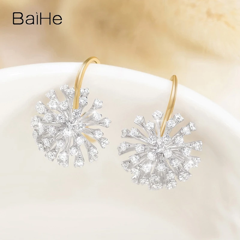 

BAIHE Solid 14K White+Yellow Gold H/SI Natural Diamond Dandelion ear hook Earrings Women Fine Jewelry Серьги-одуванчики Сережки