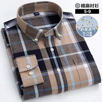 Pure Color Hemp Shirt Striped Plaid Middle-aged Business Slim Fit Shirt Men Longsleeve Shirt for Men Button Down Shirts for Men 1
