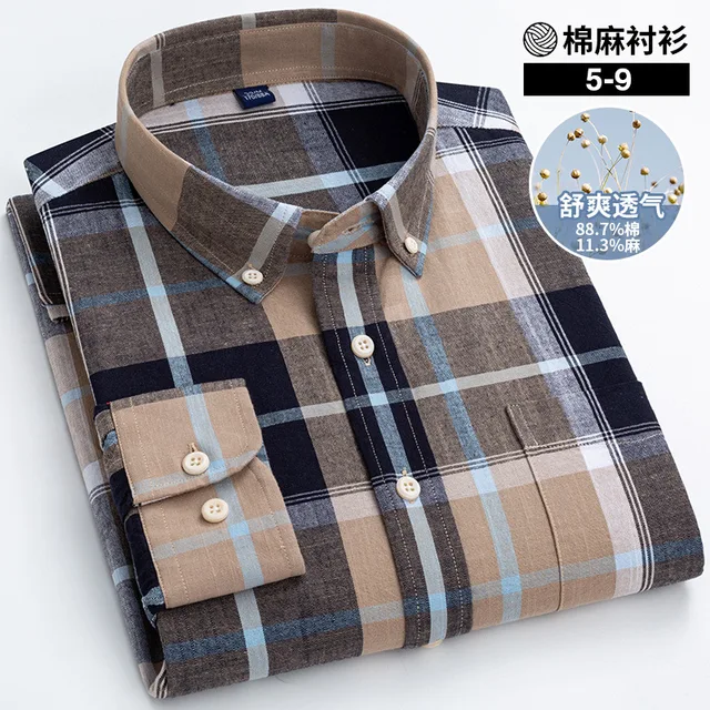 Pure Color Hemp Shirt Striped Plaid Middle-aged Business Slim Fit Shirt Men Longsleeve Shirt for Men Button Down Shirts for Men 1
