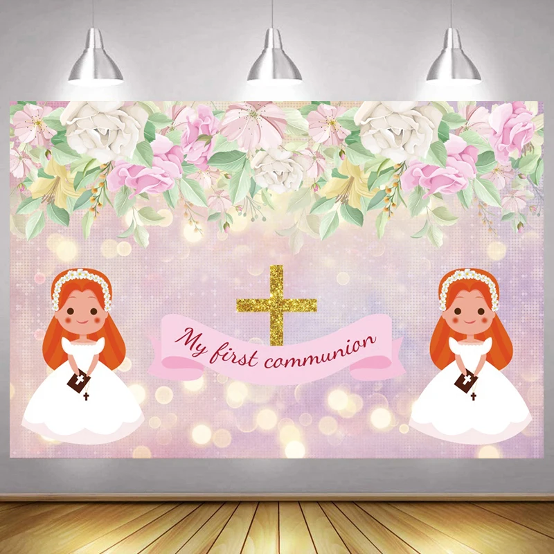 

My First Communion Backdrop God Bless Party Decoration Banner Newborn Baby Girl Baptism Photo Background Cross Flower Photocall
