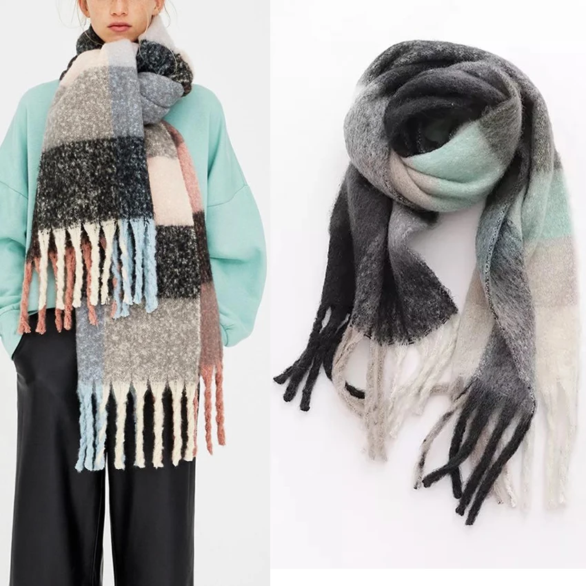 

Thick Women Plaid Scarf Winter Warm Pashmina Shawls Cashmere Wrap Lady Tassel Check Pattern Scarves Rainbow Hairy Bufanda