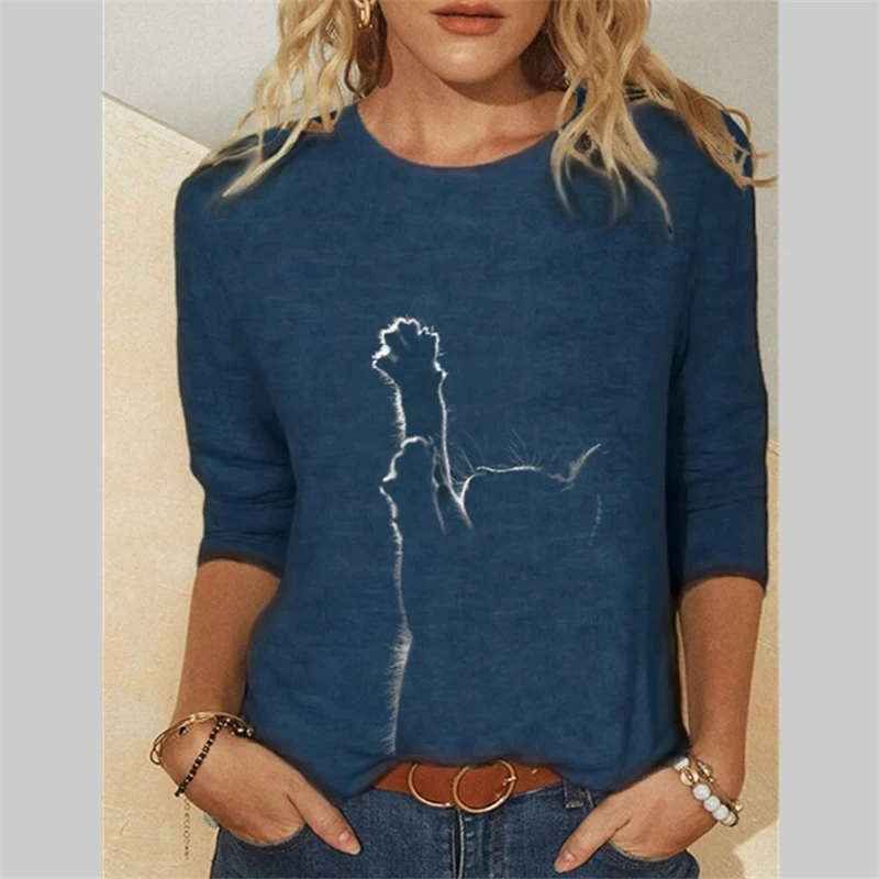 Women Clothes Spring Summer Casual  Women's Clothing Funny Cute Cat 3D Print Long Sleeve T-Shirts Female Ladies Fashion Tops