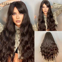henry margu long water wave synthetic wigs with bangs natural black brown cosplay daily hair wigs for women afro heat resistant