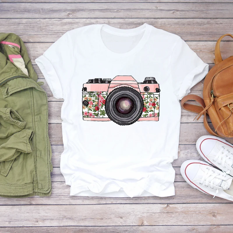 Женская Винтажная Футболка с принтом футболка цветочным и камерой лето