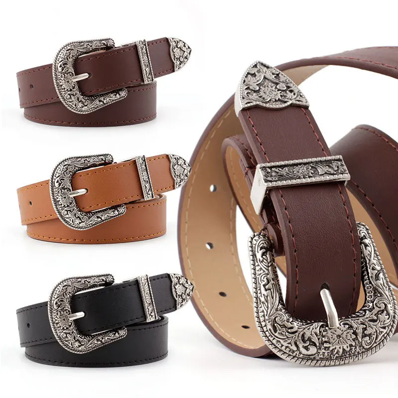 

Leather Belt Women Metal Retro Buckle Waist Belt Vintage Western Carved Jeans Ladies Belts Shirts Waistband