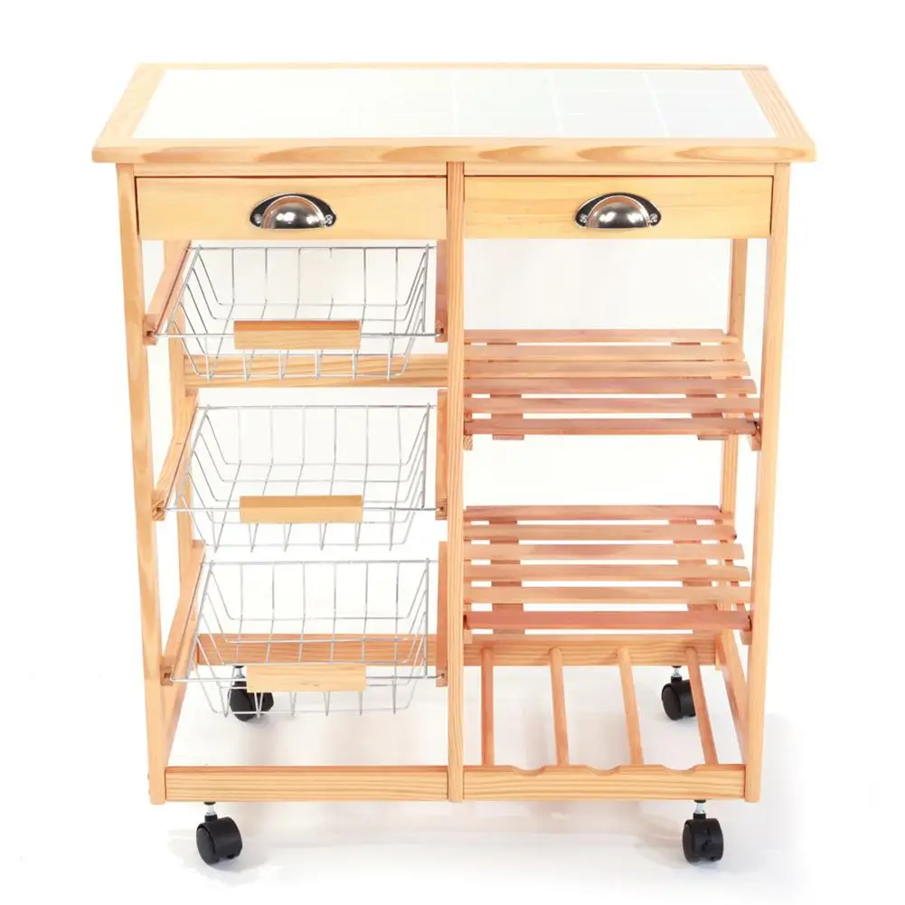 

Removable 3 Layers Bar Serving Cart Kitchen Trolley Rolling Wheels Dining Room Cart Storage Rack Bamboo Floor Shelf Organizer