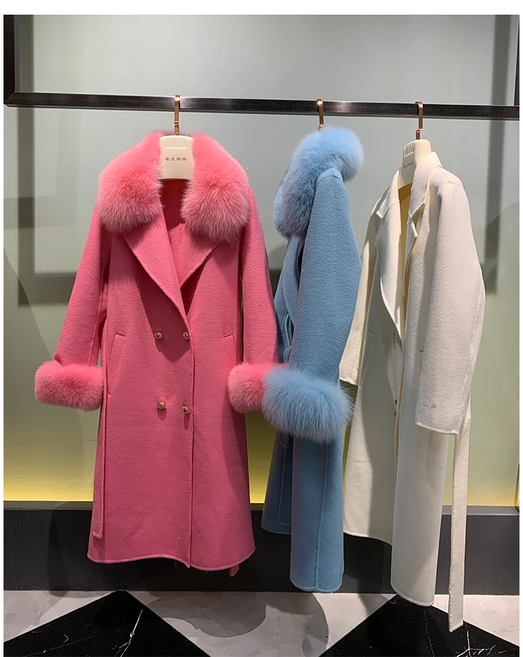 

New 2023 Women coat European Design classic ladies real wool real fox fur coat female double breasted slim long cashmere outwear