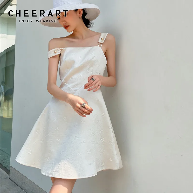 

Женское жаккардовое платье-комбинация CHEERART, бежевое элегантное ТРАПЕЦИЕВИДНОЕ мини-платье на тонких бретельках, весна-осень 2021