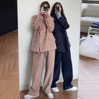 korean chic women pants suit lapel collar double breasted loose corduroy suit coat high waist casual wide leg