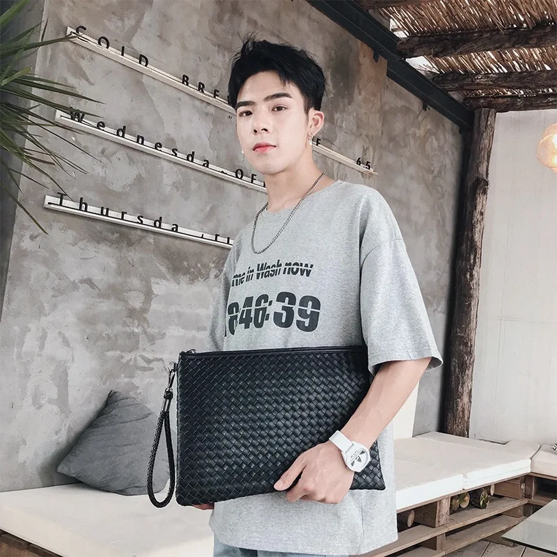 

New Fashion Men's bag Leather Weave Knitting Clutch Bag Shoulder bag Wallet Handy Bag Handbags Day Clutches Male Large Purses