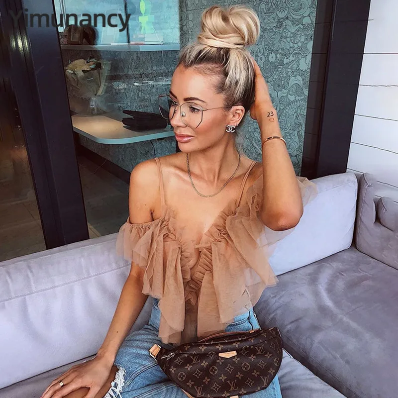 Женское Сетчатое боди Yimunancy прозрачное облегающее с открытыми плечами и оборками