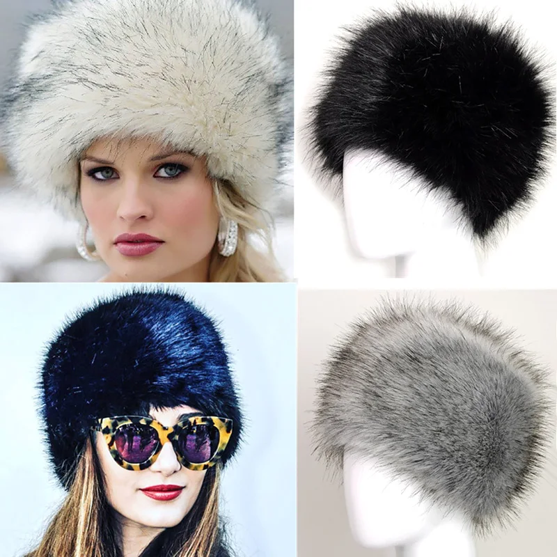 Women Hats Russian Tick Fluffy Imitation Fox Fur Hat Winter Faux Fur Caps Warm Headband Plush Earwarmer Ski Hat images - 6