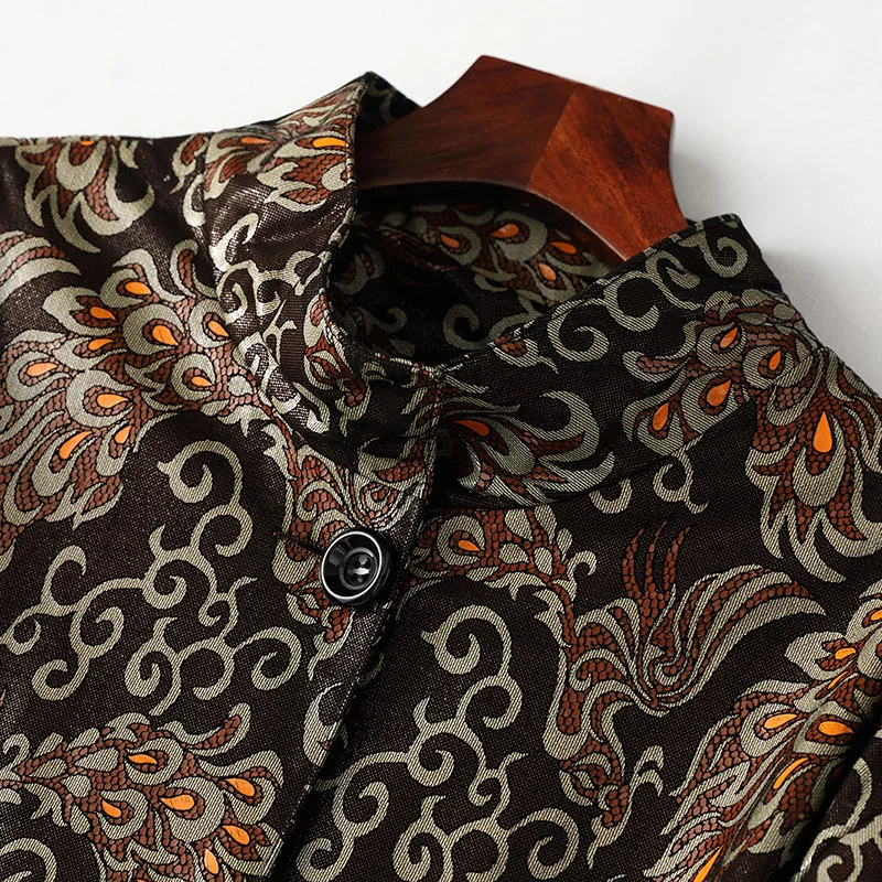 Spring Standing Collar Sheepskin Coat Office Lady Windbreaker Long Loose Large Outwear Casual Printed Single Breasted Jacket