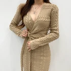 Однотонные Корейские вязаные платья, женское шикарное теплое зимнее элегантное плотное платье-свитер с V-образным вырезом и разрезом, женские повседневные платья, 2021