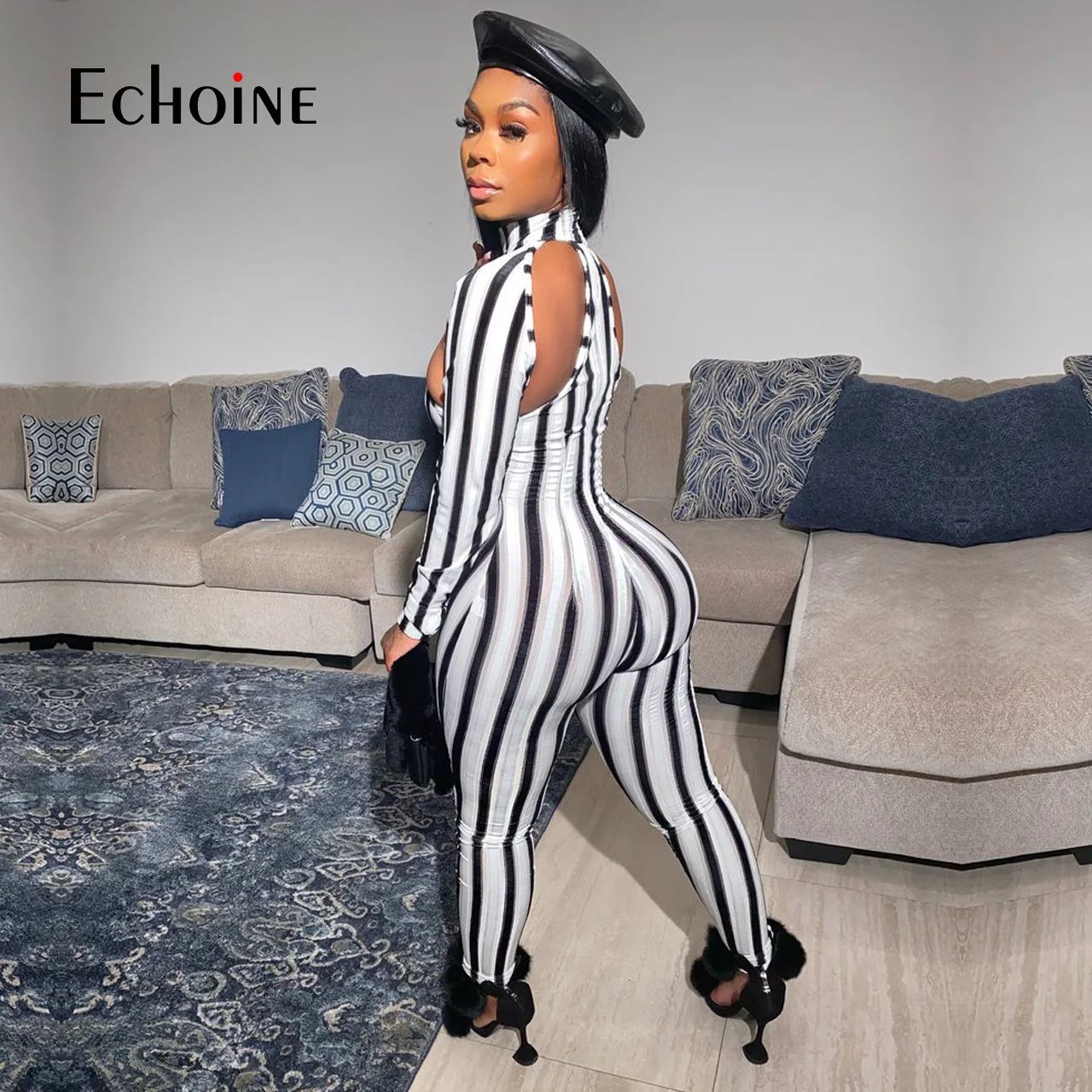 

Echoine Women Striped Workout Activewear Cut Out Rompers Jumpsuit Sexy Club Party Long Sleeve Fitness Bodycon Skinny Jumpsuits