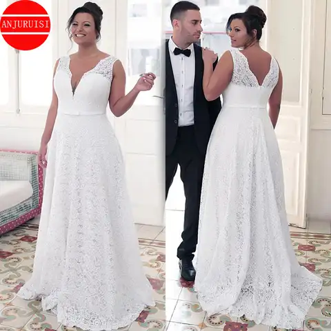 Wedding Dress Lace Vintage A Line Vestido De Novia 2022 Simple V Neck Plus Size Women Bride Gown Robe Mariage Boda Trouwjurk
