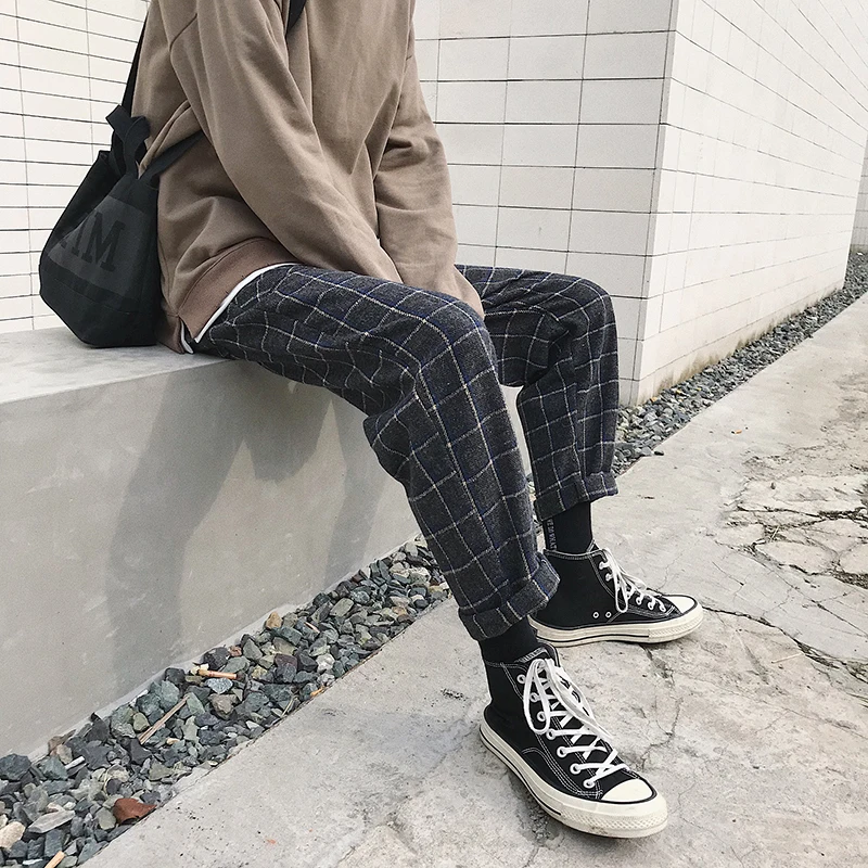 2019 мужские утепленные шерстяные брюки с принтом в клетку хлопковые повседневные