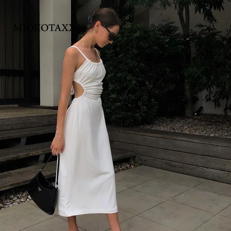

MIOJIOTAXX 2022 New European American Summer Fashion Straight Neck Slim Sling Backless Y2k Sexy Mid-Calf Dresses for Women