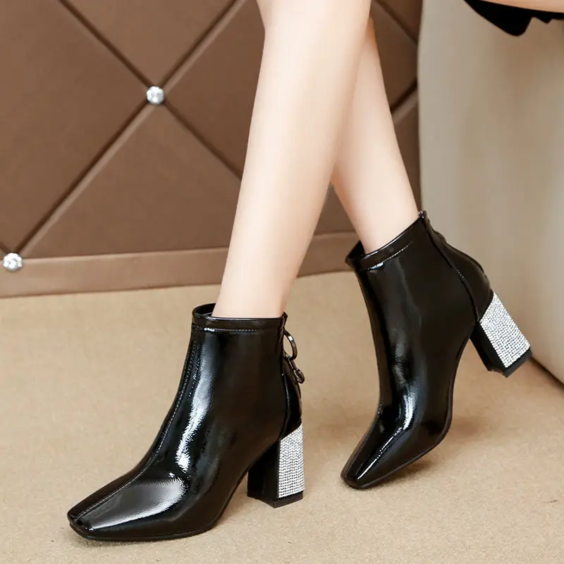 Square Toe Patent Leather Shoes High Heels Ankle Boots Femme Crystal Chunky Heels Shoes for Women Dress Wedding Boots Women