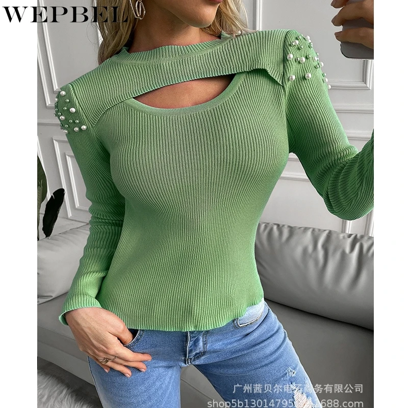 

WEPBEL Casual Beaded Sweater Women's Slim Solid Color Sweater Autumn Fashion Long Sleeve O-Neck Hollow Out Sweater