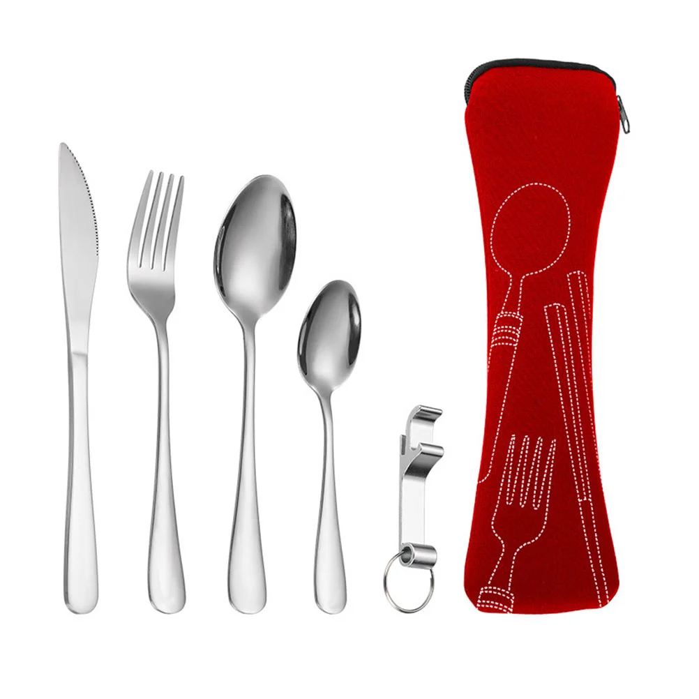 

5 Pcs Durable Camping Cutlery Stainless Steel Tableware With Storage Bag