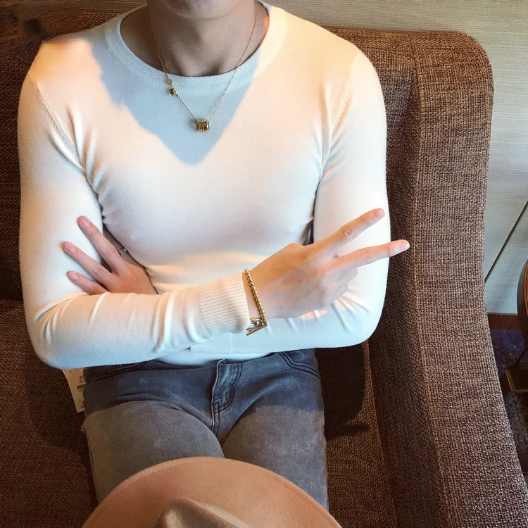 

2021 Autumn Winter Men's New O-neck Solid Pullover Tops Male Long Sleeve Sweater Tops Men Slim Knitted Bottoming Tops W782