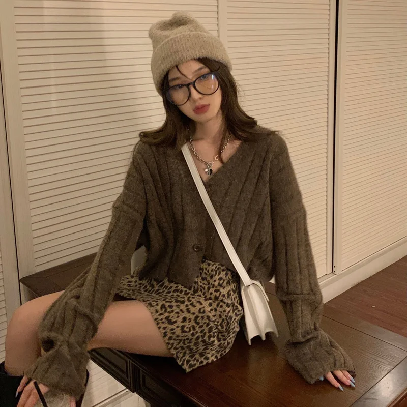 Женский корейский Кардиган кофейный однобортный шерстяной короткий вязаный