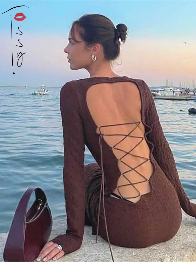 

Tossy Women Hollow Out Backless Bangdage Long Dresses Brown Slim Sexy Max Dress Elegant Outfits Ladies Club Night Vestidos 2022