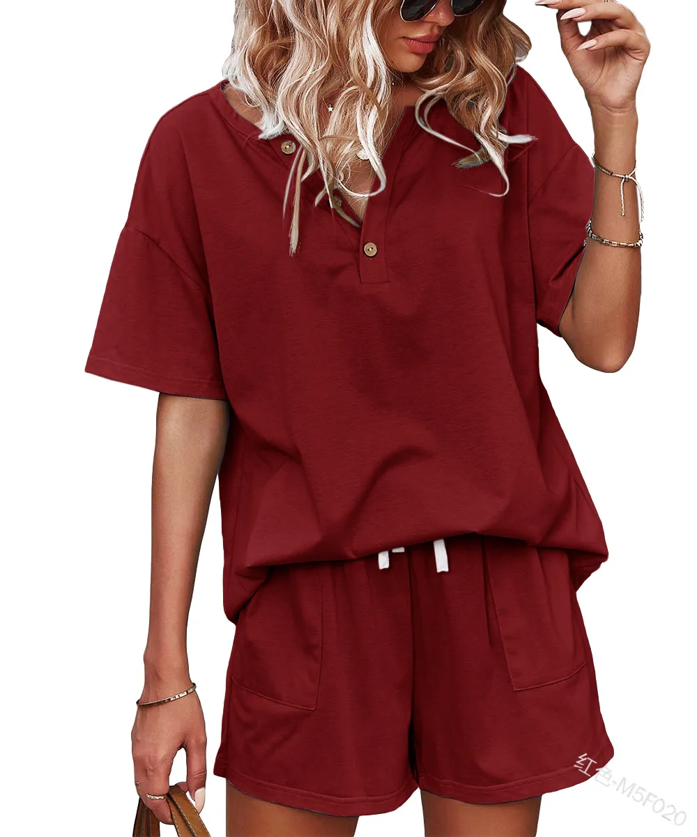 

Mandylandy Women Elegant Summer Outfits Ladies Loose Short Sleeve Button Shirt + Drawstring Shorts Two Piece Set Tracksuits