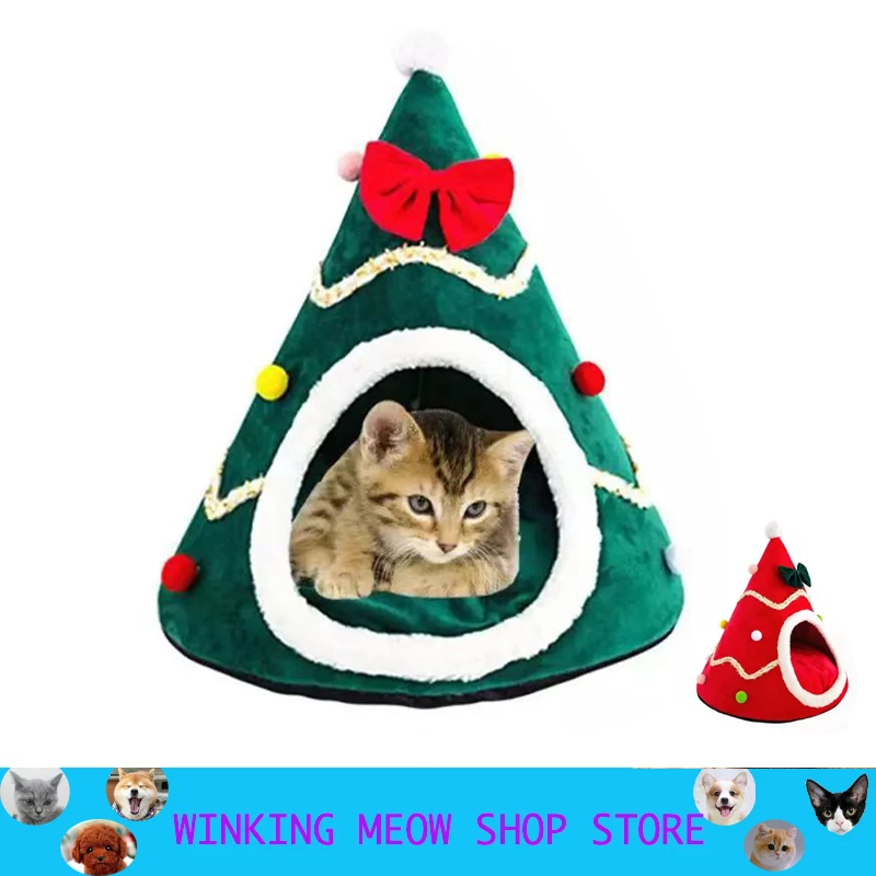 

Осенне-зимняя Рождественская елка в форме домика для кошки теплая мягкая кровать для сна полузакрытое гнездо для домашних животных хомяк б...