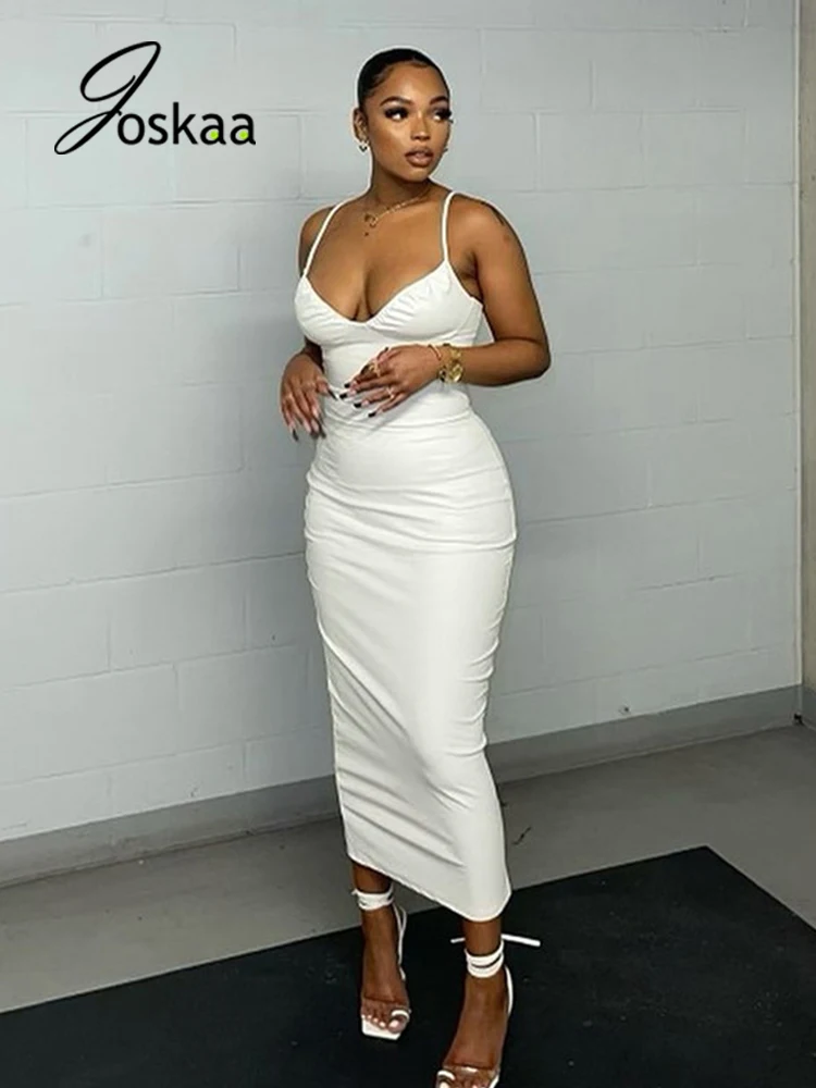 

Joskaa Solid Pu Leather Sleeveless Slim Side Zipper Sling Dress Sexy Backless Maxi Dresses for Women 2021 Winter Party Clubwear